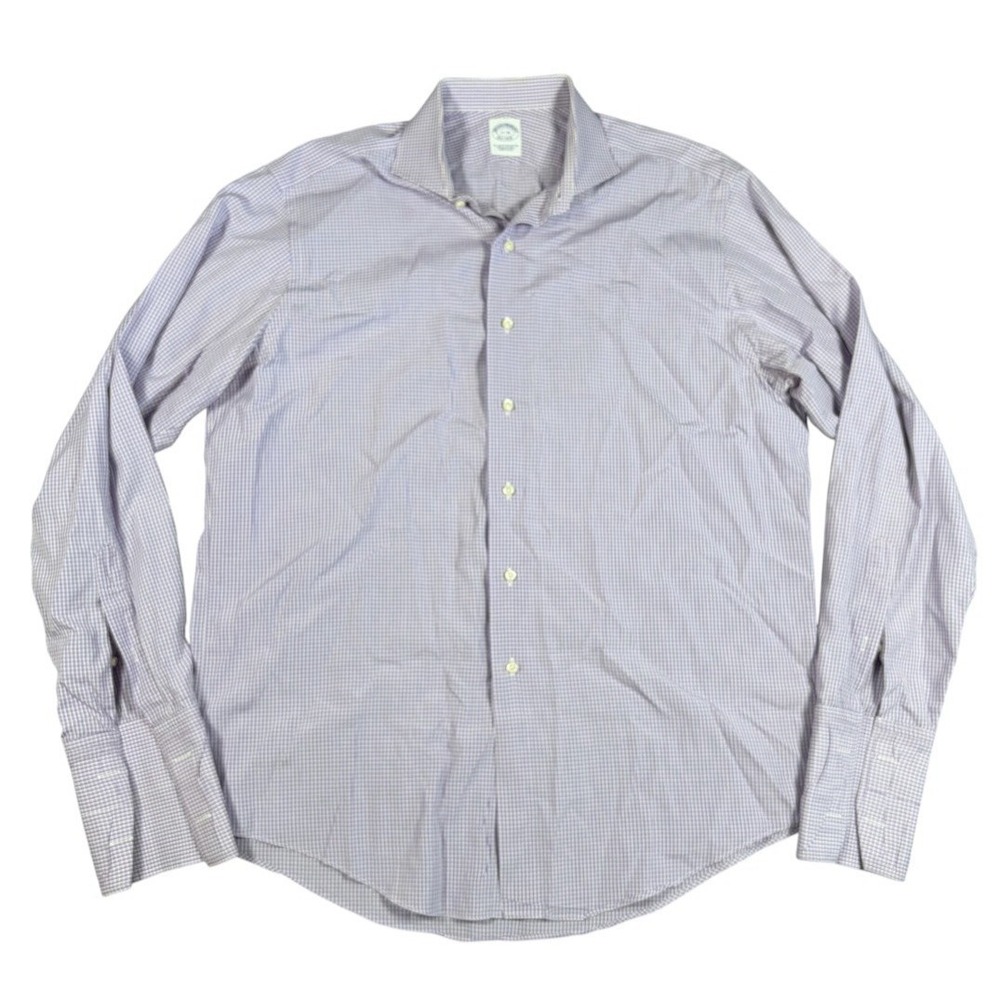 Brooks Brothers Shirt 17-36 Purple Check Gingham French Cuffs Made USA Vintage